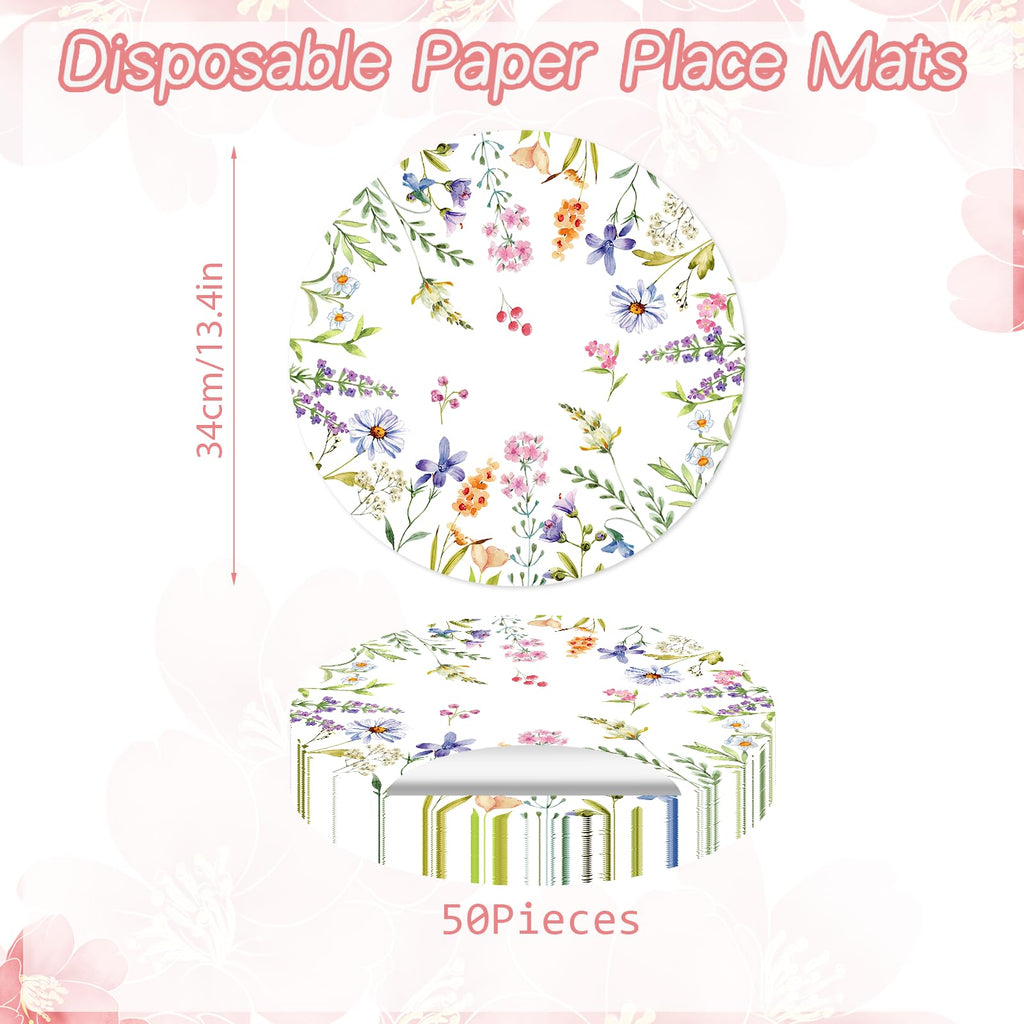 Paper Placemats Disposable 50 Pack Spring Flowers Place Mats 13.4 Inch Round Decorative Wildflower Table Mats for Spring Birthday Bridal Wedding Party Supplies