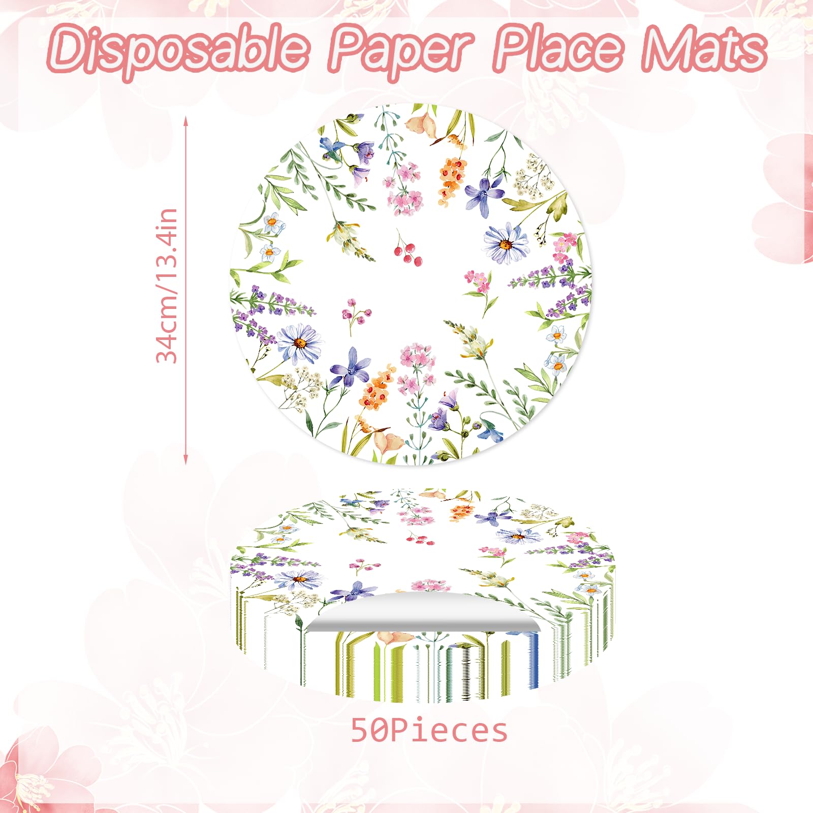 Paper Placemats Disposable 50 Pack Spring Flowers Place Mats 13.4 Inch Round Decorative Wildflower Table Mats for Spring Birthday Bridal Wedding Party Supplies