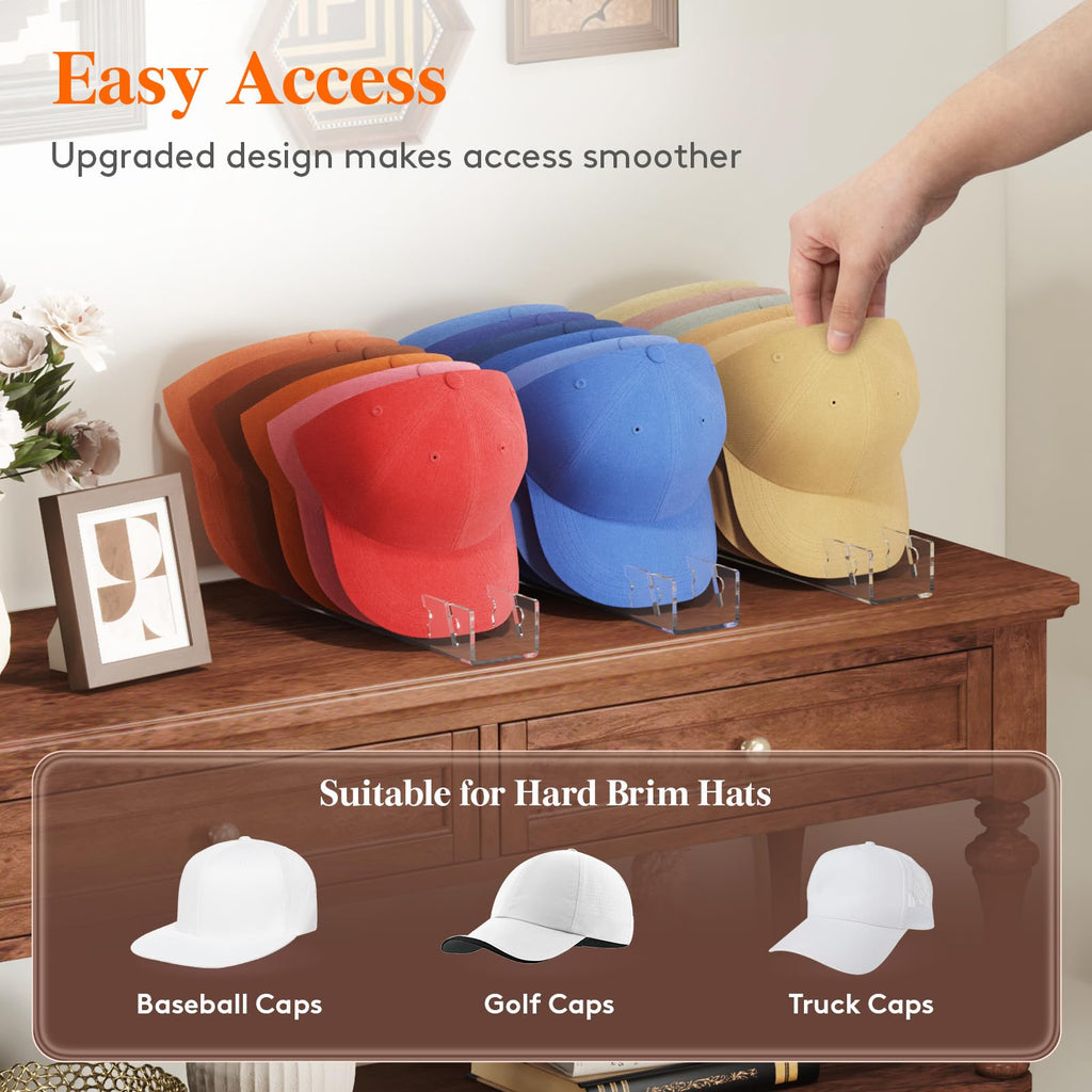 Lifewit 3 Pack Hat Organizer for Baseball Caps, Hat Storage Rack for 21 Ball Caps, Hat Stand Shelf for Trucker Hat and Golf Cap in Closet, Bedroom, Dresser, Clear