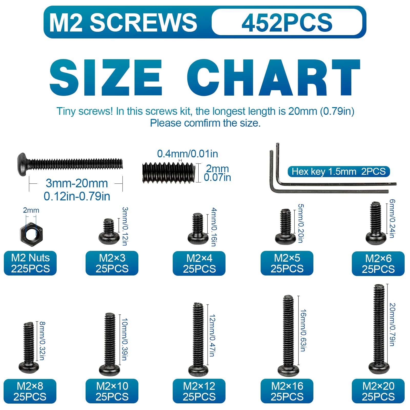 NINDEJIN M2 Button Head Hex Socket Cap Screws Bolts, M2 x 3/4/5/6/8/10/12/16/20mm Screw and Nuts Assortment Kit, 10.9 Carbon Steel Fully Machine Thread