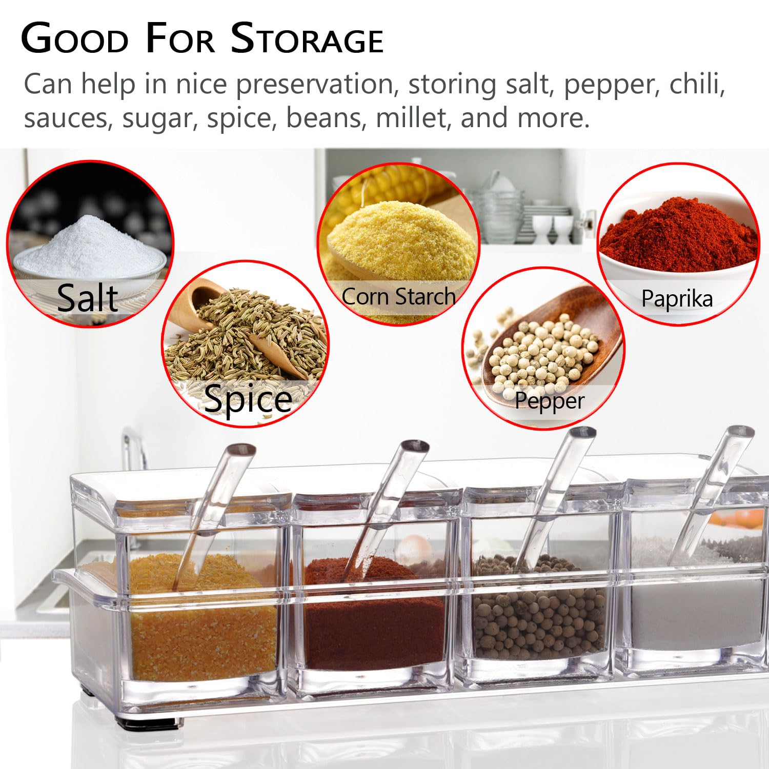 Clear Seasoning Box,V·Resourcing 4 Pieces Clear Seasoning Storage Container for Spice Salt Sugar Cruet,Condiment Jars with 4 Spoons