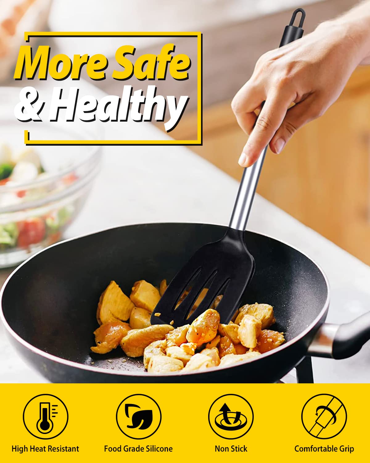 Pack of 2 Silicone Slotted Spatula,Non Stick Solid Kitchen Turner, High Heat Resistant BPA Free Cooking Utensils for Fish, Eggs, Pancakes（Black