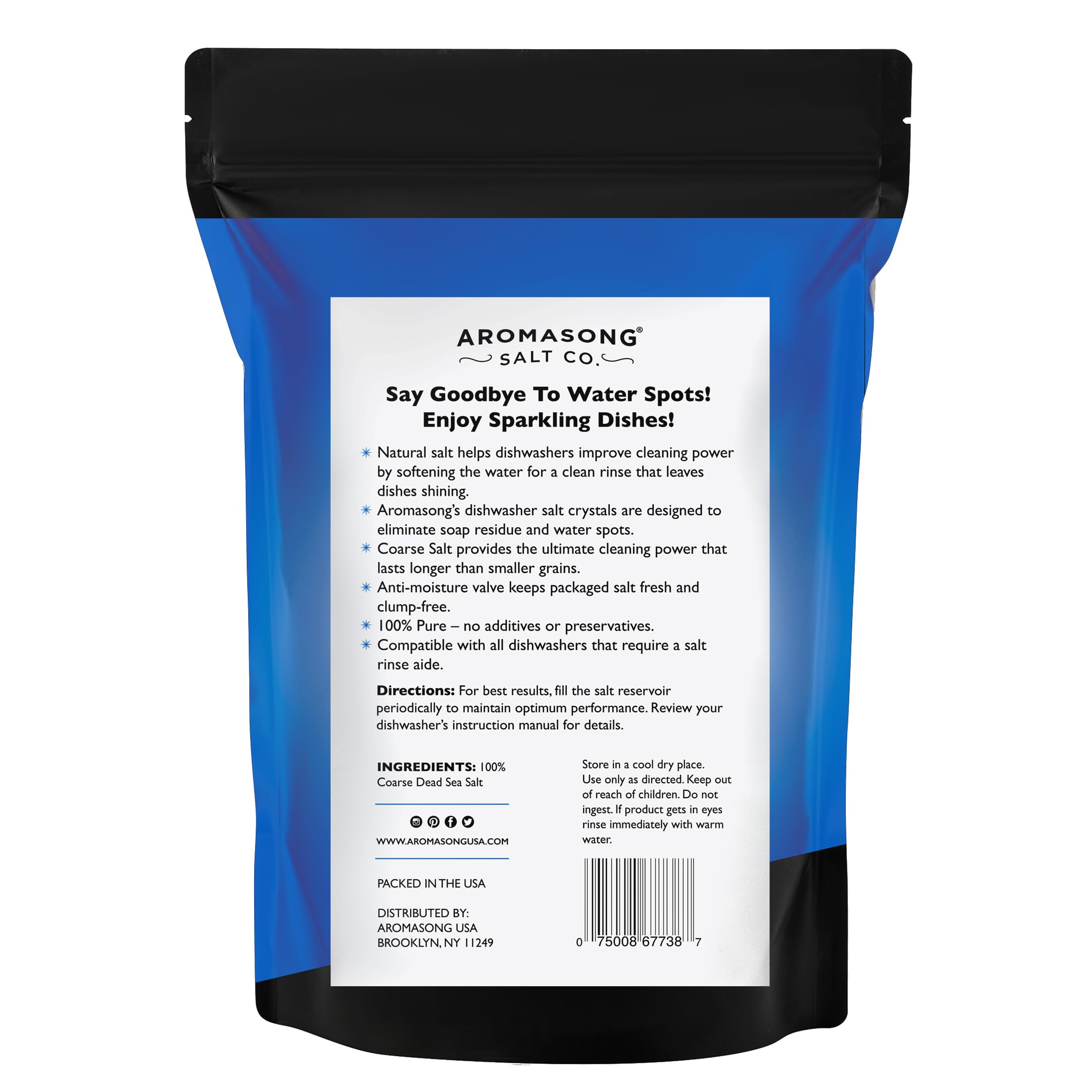 Aromasong Dishwasher Salt 5 LB - 100% Natural Water Softening Agent for Cleaner Dishes & Washer Reactivation - Compatible with Bosch, Miele, Whirlpool, Thermador, and more.