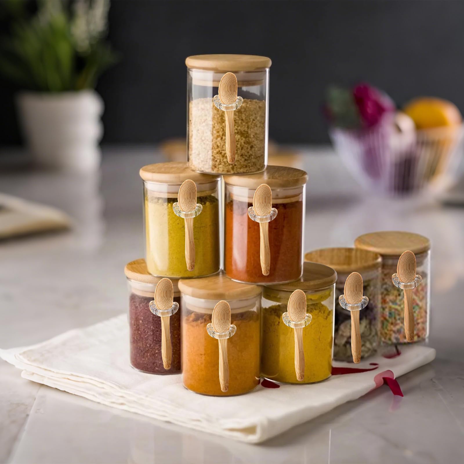 Spice Jars with Label 7oz Glass Storage Containers with Lids and Spoon Small Glass Jars for Overnight Oats Cereal Containers Storage Meal Prep Jars for Sugar Yogurt Chia Pudding Salt Candy 8pcs