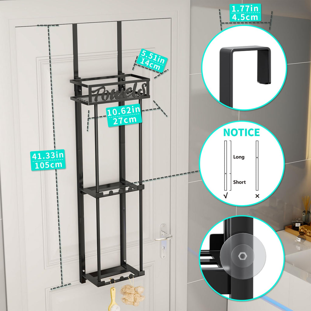 HapiRm Towel Rack Bathroom Storage - 3 Tier Over The Door & Wall Mounted Rolled Towel Rack Holder Organizer with Metal Shelf and 6 Hooks for Small Bathroom, Camper, Rv - Black