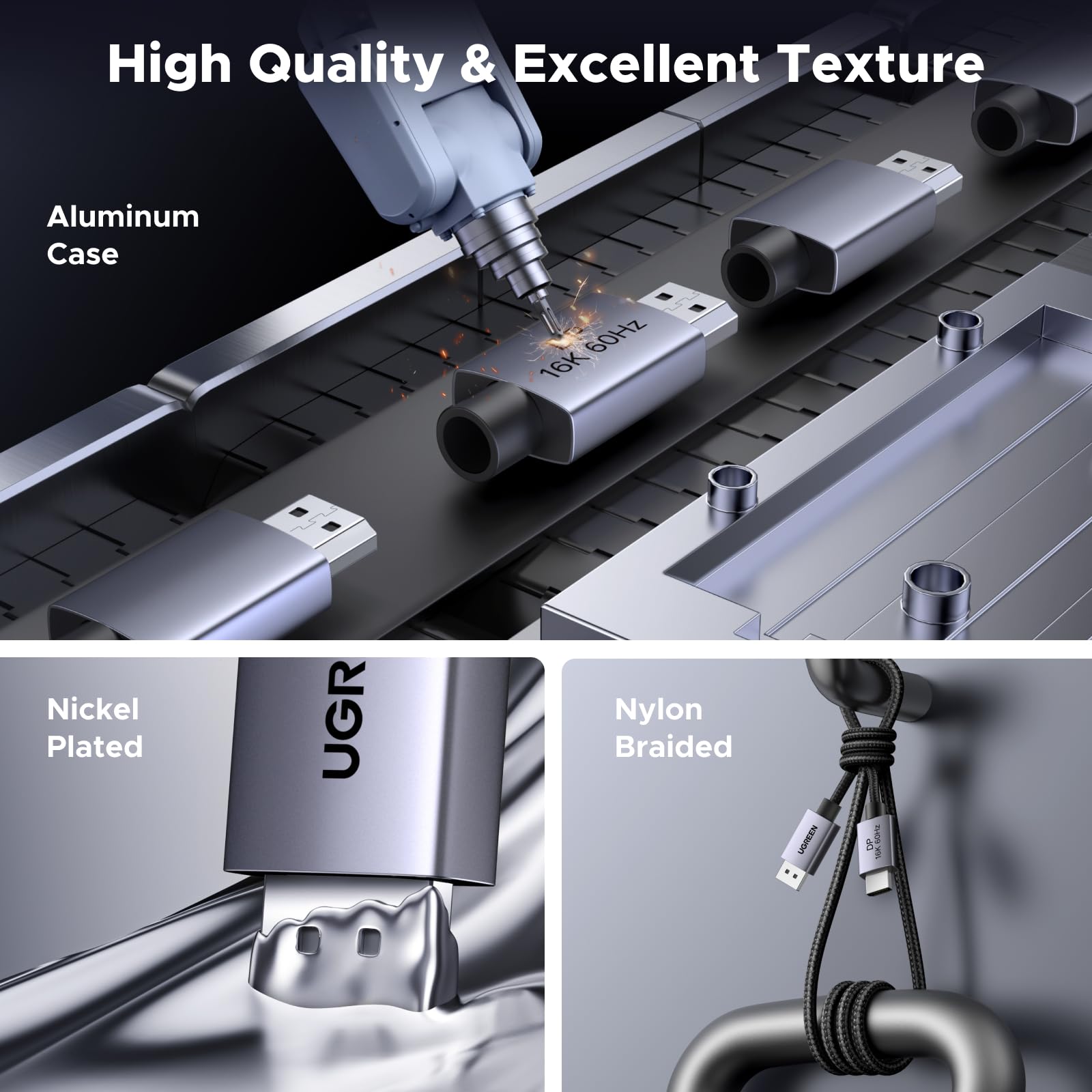 UGREEN 16K@60Hz Displayport Cable 2.1, 80Gbps DP Cable 8K@240Hz 4K@480Hz Aluminum Video Display Port Cord, HDR, HDCP2.3, DSC1.2a, FreeSync, G-Sync, Compatible Monitor, PC, HDTV, 9.9FT