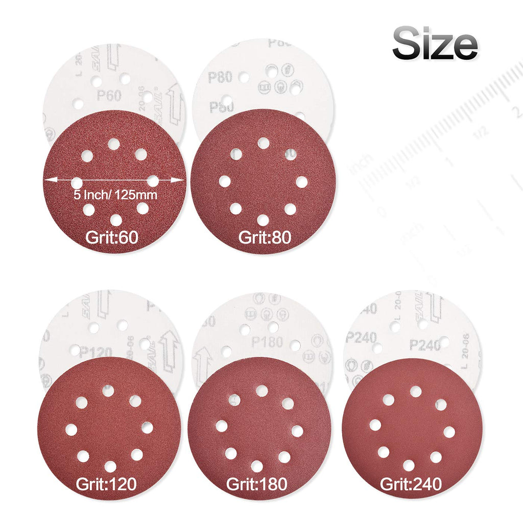 100PCS 5 Inch(127mm) 8 Holes Sanding Discs-60 80 120 180 240 Grit Assorted Sandpaper, Hook and Loop Random Orbital Sander Round Sand Paper by NYXCL