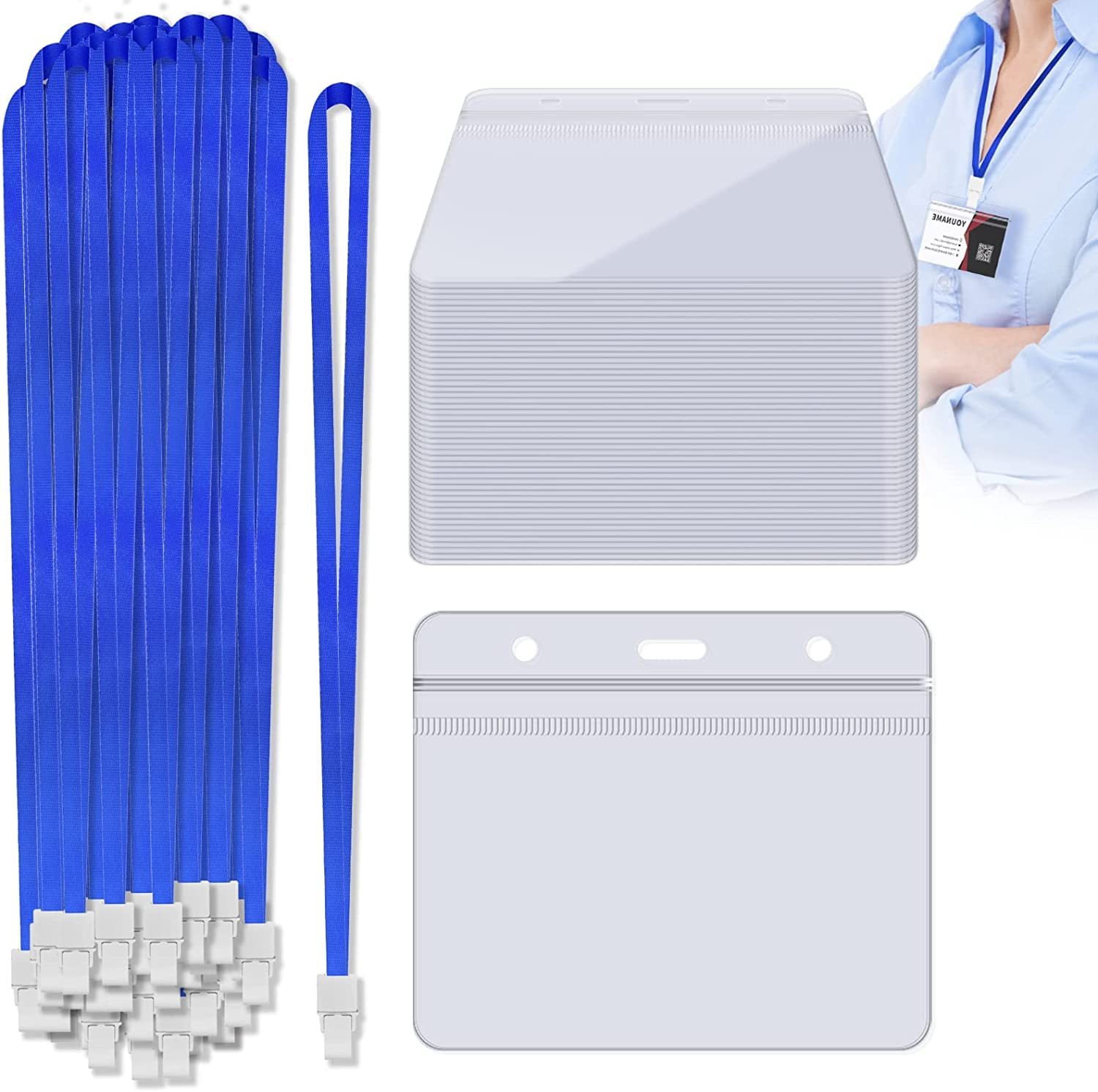 FZENeast Badge Holder with Lanyard，50 PCS Clear Waterproof Horizontal id Holder with 50 PCS Flat Neck Blue Badge Lanyards for Business Office School