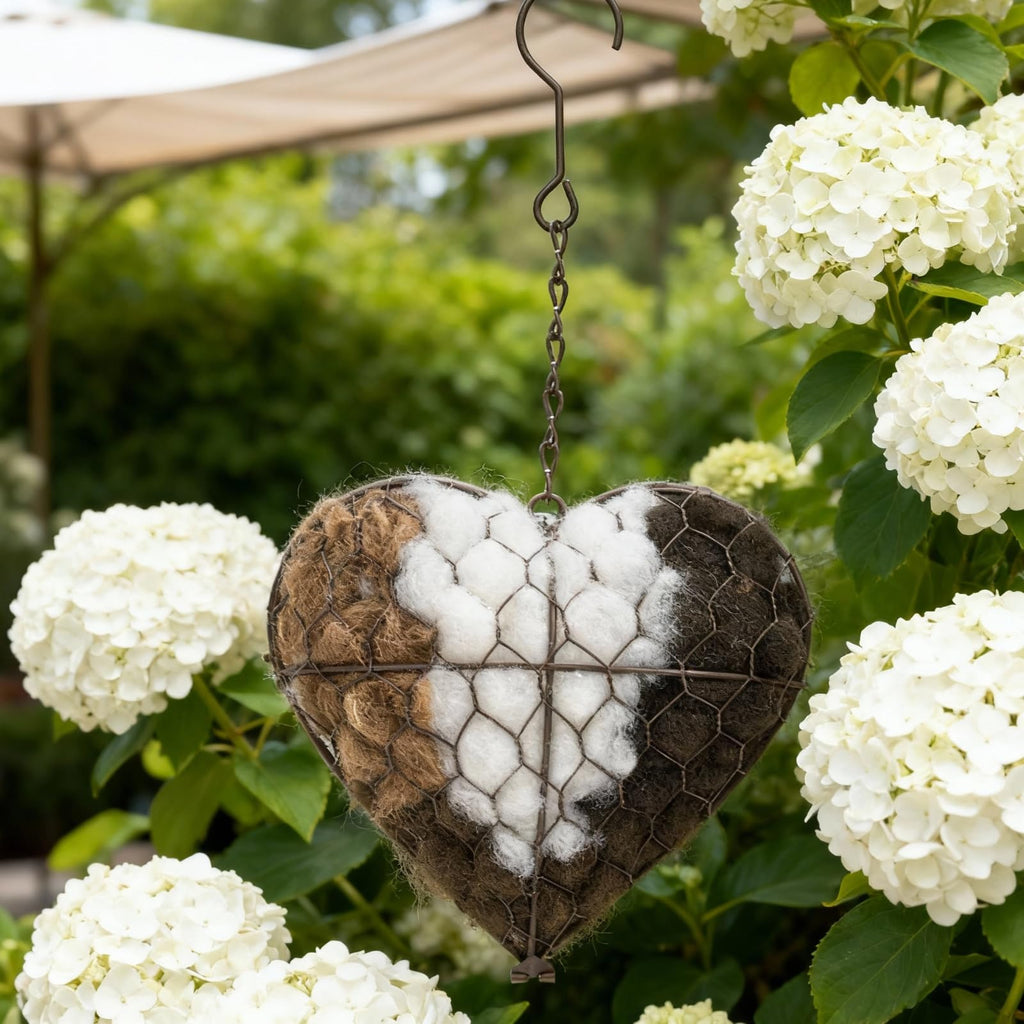 Handmade Alpaca Fiber Bird Nesting Heart-Refillable Outdoor Yard Art & Natural Nesting Material Holder for Wild Birds,Hummingbirds - Garden Decor Gift for Bird Lovers