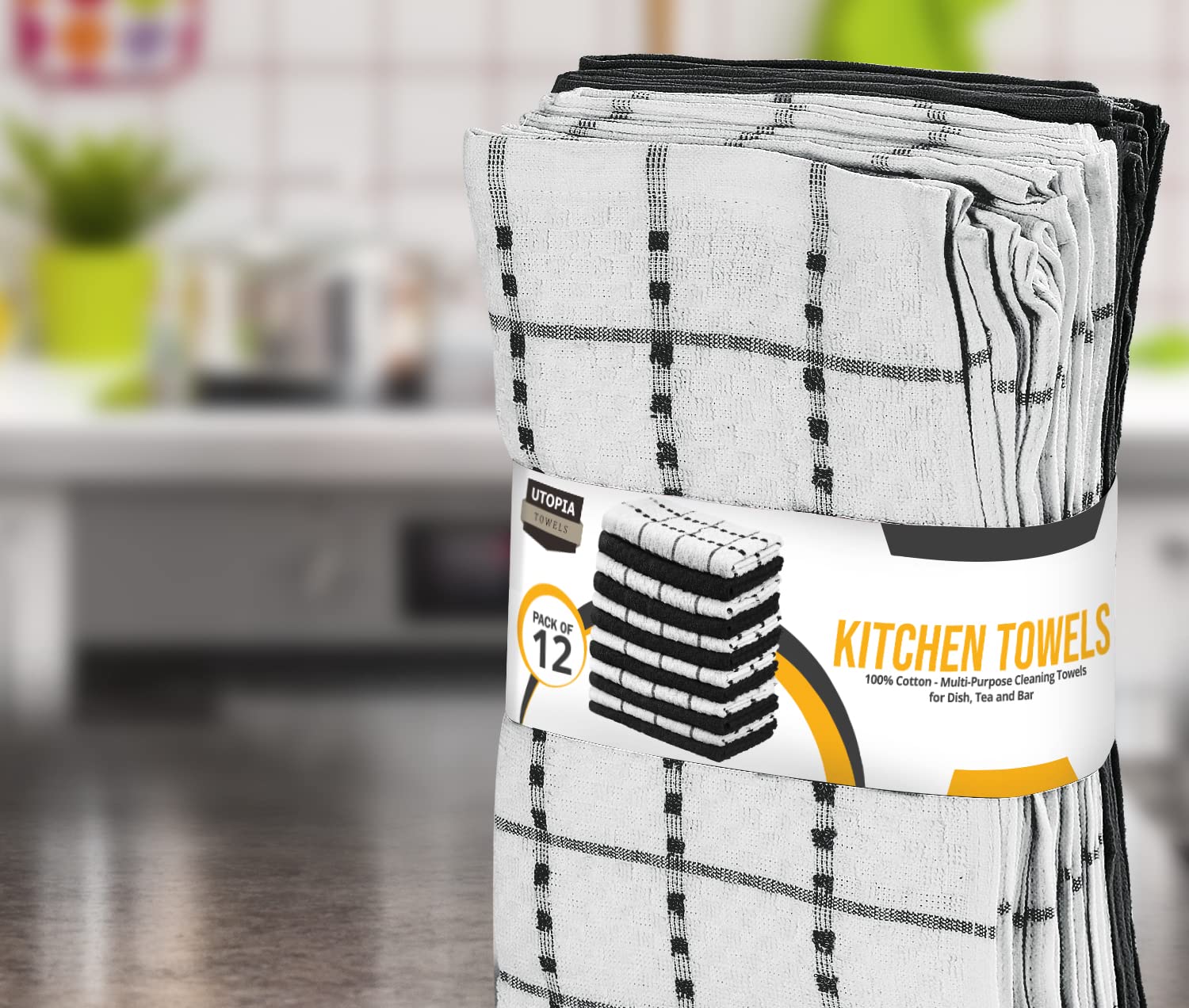 Utopia Towels Kitchen Towels, 12 Pack, 15 by 25 Inches, Dobby Weave, 100% Ring Spun Cotton, Super Soft and Absorbent Dish, Tea, and Bar Towels, Black