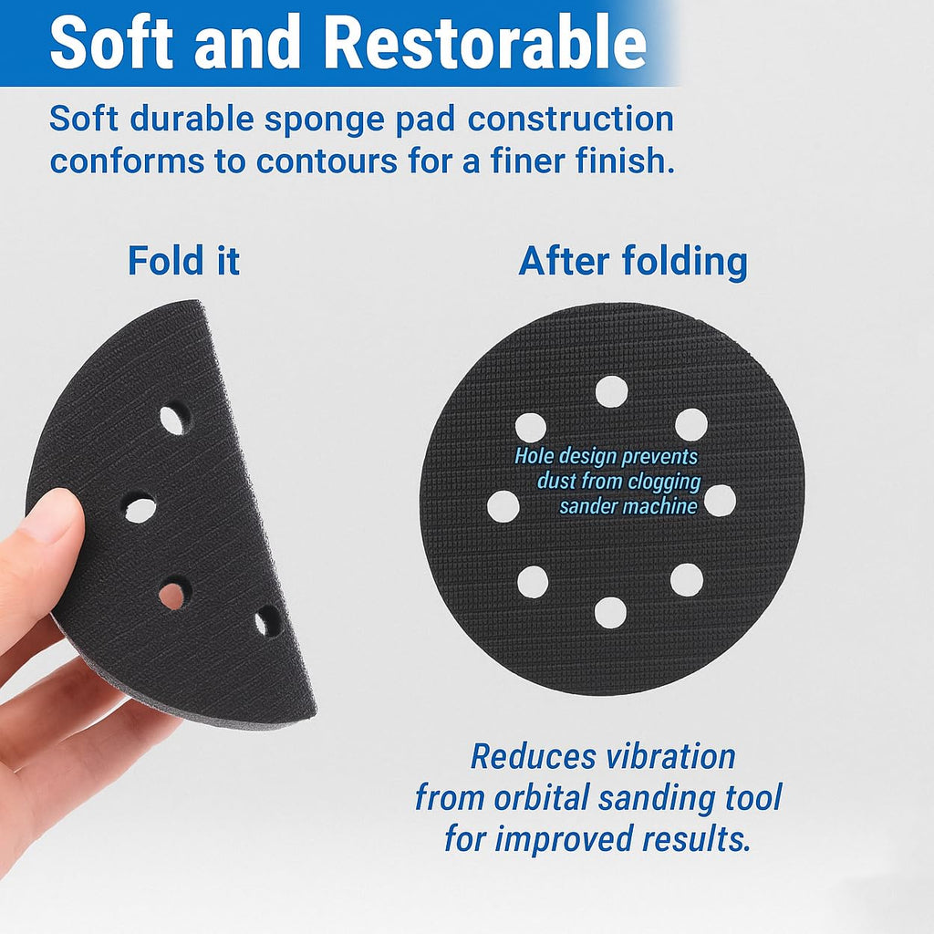 5 Pack 5-Inch Foam Interface Pad, 8-Hole Hook & Loop Sanding Cushion Pad for Random Orbital Sander, Soft Density Buffer Pad, Fits 5-Inch H&L Discs & Backing Pads