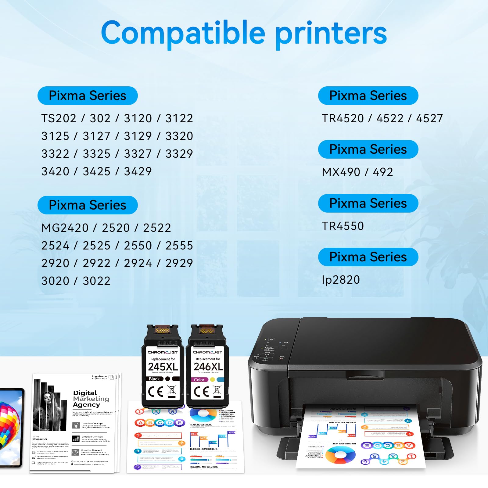 Chromojet 245XL 246XL Combo Pack Compatible for Canon Ink 245 246 PG245XL CL246XL,Compatible for Canon TS3420 Ink Cartridges fit for Pixma TS3120 MG2520 MX492 TR4520 TS202 MG2525 MG3022 MG2522 Printer