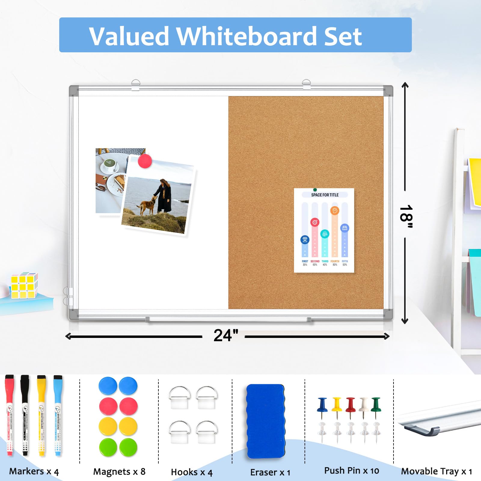 AMUSIGHT Double-Sided Combination Magnetic White Board & Cork Board, 24" x 18" Dry Erase Board & Cork Board Combo for Wall, Hanging Whiteboard for Planning, Kitchen, Memo, School, Home, Office