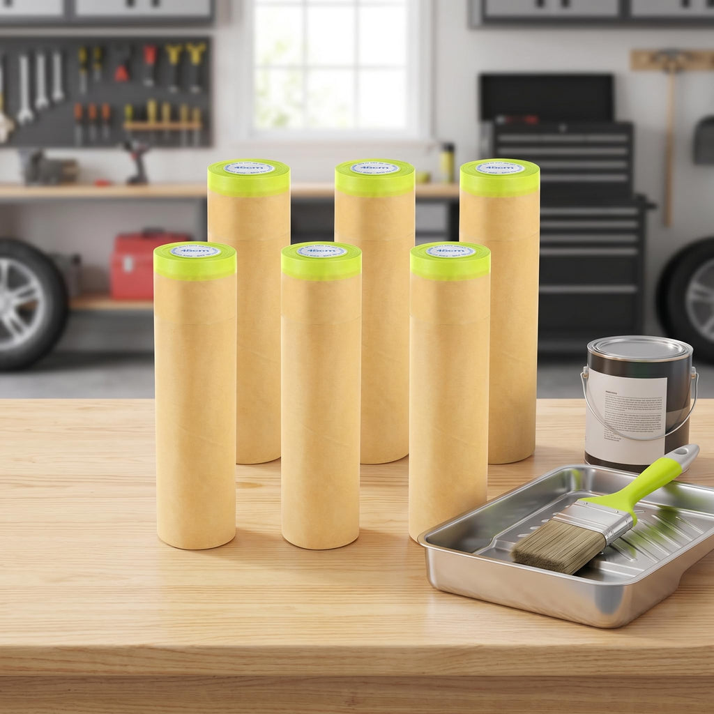 Jucoan 6 Rolls Pre-Taped Masking Paper for Painting, 18 Inch x 30 Ft Tape and Drape Painter Paper for Painting Auto Cars, Wall Frame Covering, Floor Protection
