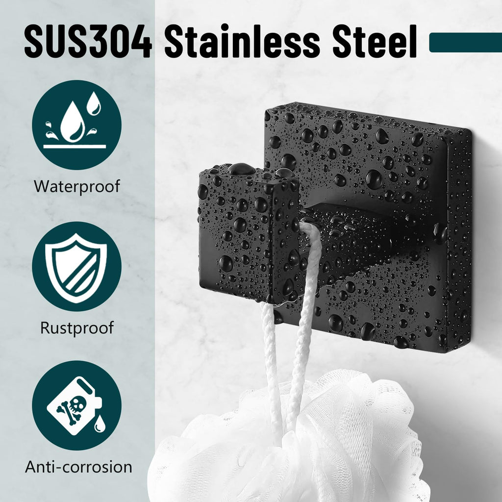 Towel Hooks,SUS304 Stainless Steel Towel Hook Anti-Rust,4 Pack Modern Matte Black Towel Hooks for Bathroom,Heavy Duty Square Hooks,Easy Installation Bathroom Hooks,Black Hooks for Bathroom/Kitchen