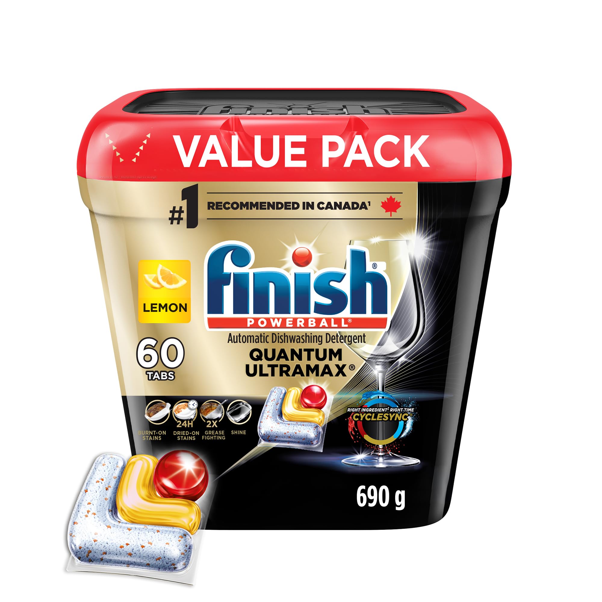 Finish® Quantum UltraMAX® Automatic Dishwasher Detergent, Lemon, 60 Tabs - Removes burnt-on stains & 24 h dried-on stains, no pre-rinse needed, 60 Tabs