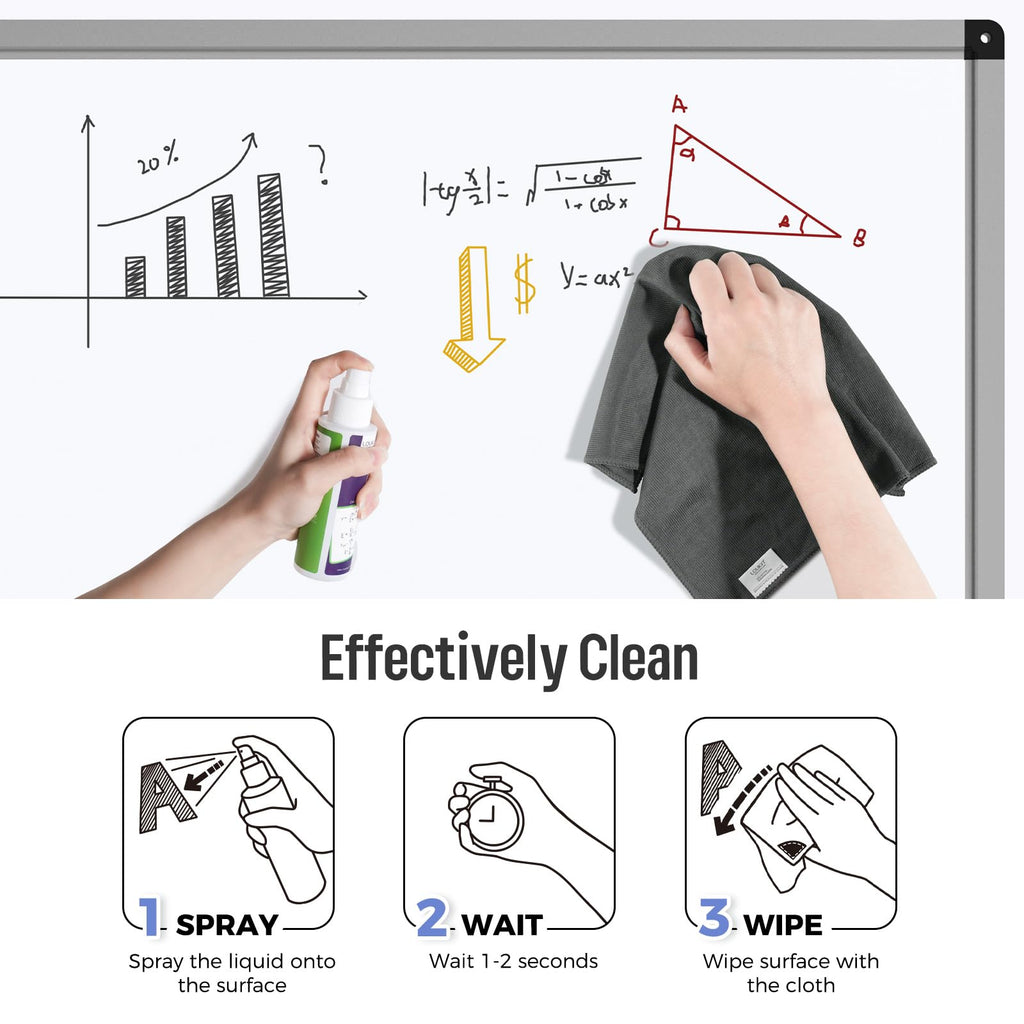 LOUKIN 4pcs Magnetic Whiteboard Cleaning Cloth，Dry Erase Cleaning Cloth for Classroom Home and Office Use, Reusable and Washable, Gray, 12" x 12", One Bottle of 3.4 oz Whiteboard Cleaner Included