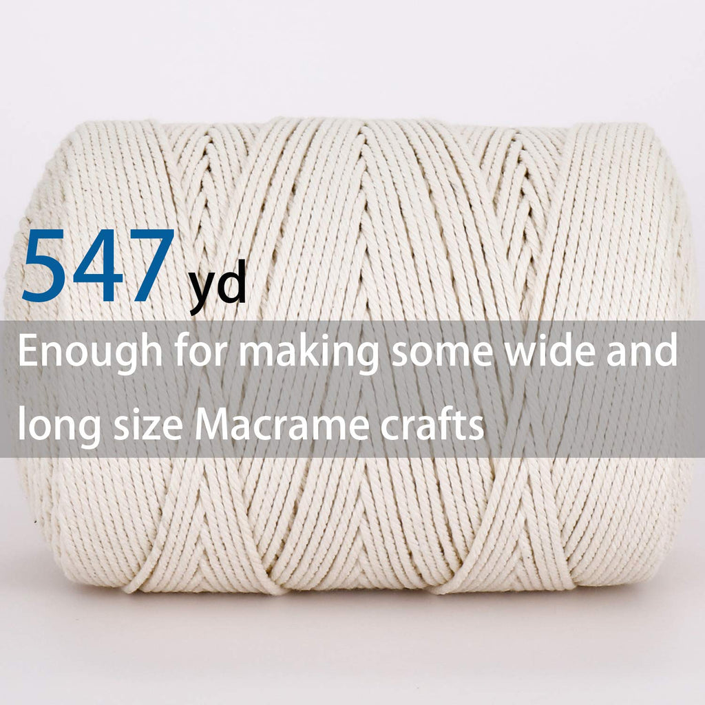 Macrame Cord 3mm X 547yd Not Dyed 100% Natural Cotton Macrame Rope, 4 Strand Twisted Cotton Cord Rope for Handmade Wall Hanging,Plant Hangers, Crafts, Knitting, Gift Wrapping(3mm X 500m)