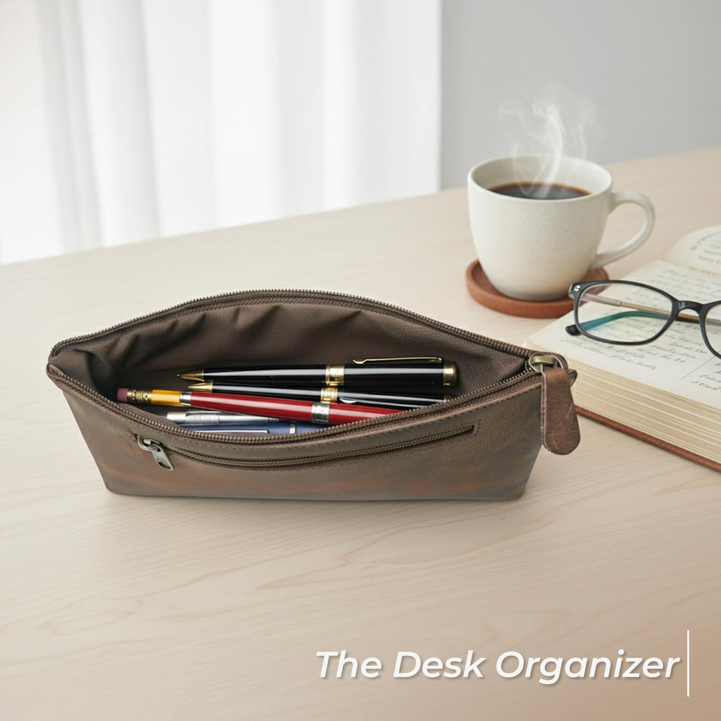 Wanderings Vintage Leather Pencil Pouch Case - 9"x5.5" / 23 x 14 cm - Hand Crafted Functional Brown Leather Zipper Pouch - Pencil Bag for Artists, Travel Makeup, Jewelry, and Purse Bag