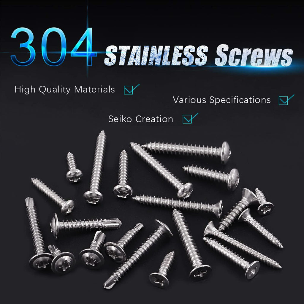 Swpeet 435Pcs 3 Types #6#8#10 SAE 304 Stainless Steel Round Pan Head and Phillips Flat Head Self Tapping Sheet Metal Screws Wood Screws with 410 Stainless Steel Truss Head Fast Self