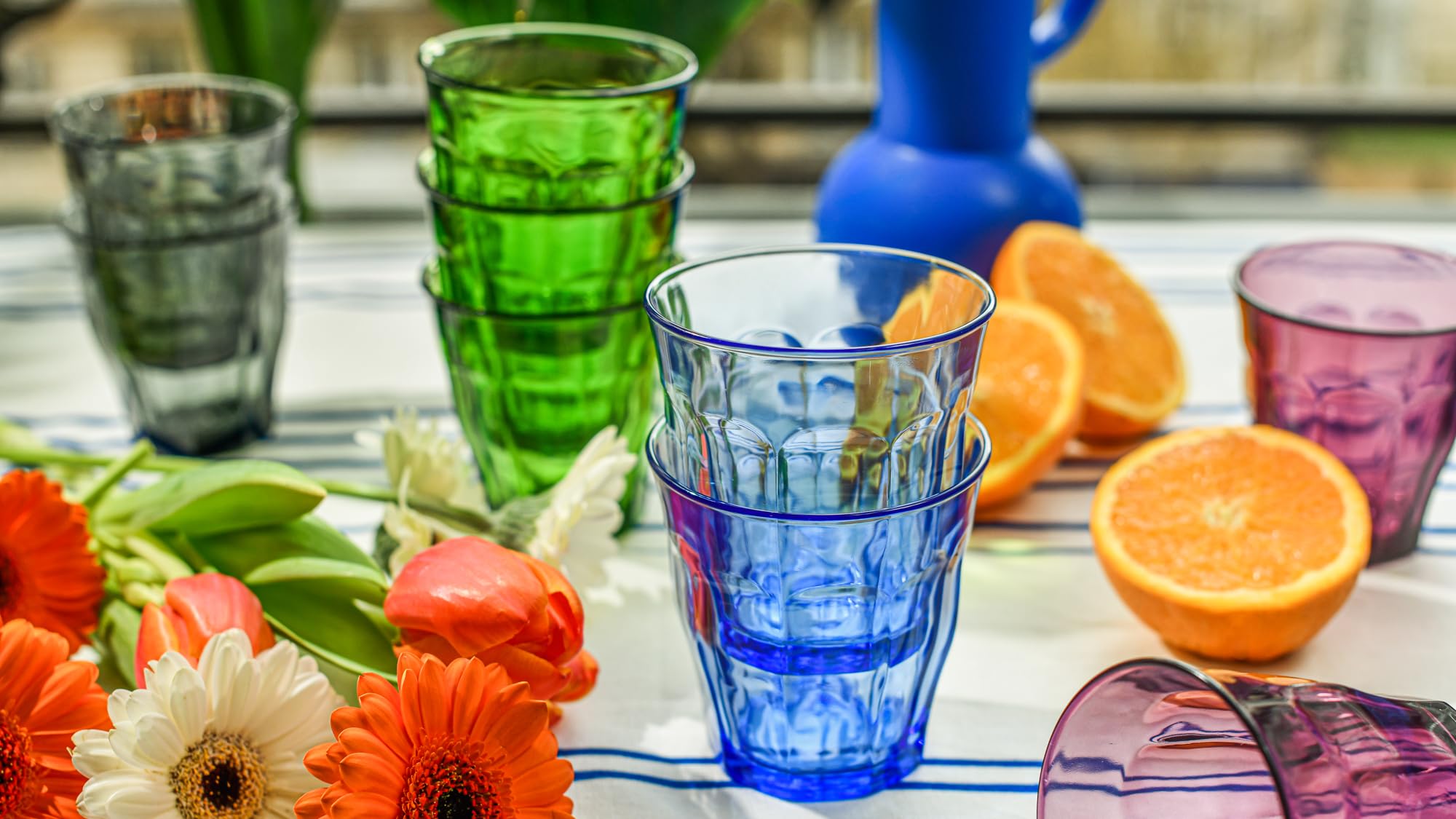Duralex Le Picardie Collection| Water Glass, Juice and Soda and Cocktail 25 cl, 4 Colours Green Blue Purple Grey| Set of 4, Heavy Duty Glass, Dishwasher Safe, Made in France