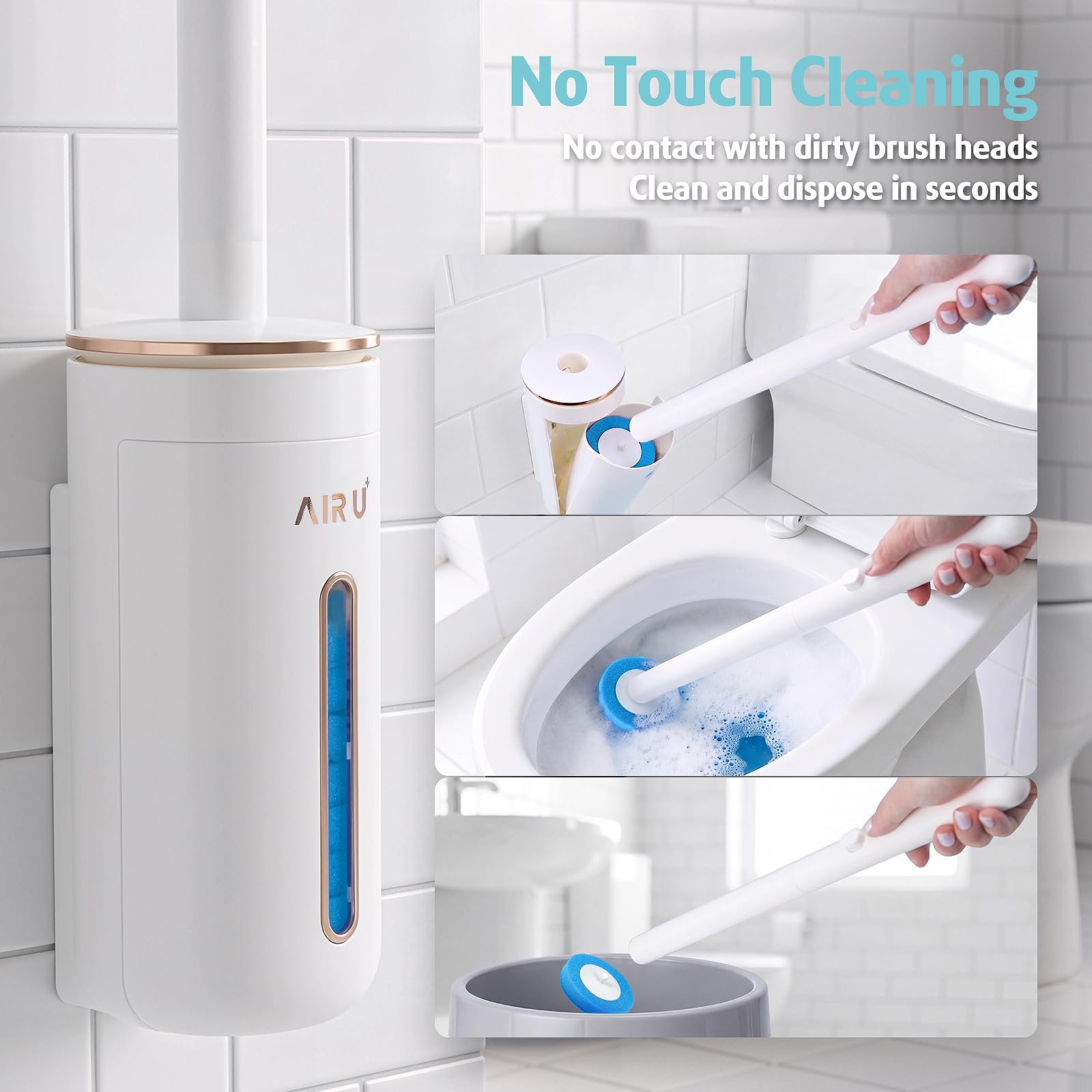 AIR U+ Disposable Toilet Brush Set, Toilet Bowl Cleaning System- 1 Toilet Wand, 1 Storage Caddy, 1 Fragrant Tablet and 24 Brush Refill Heads for Bathroom Cleaning