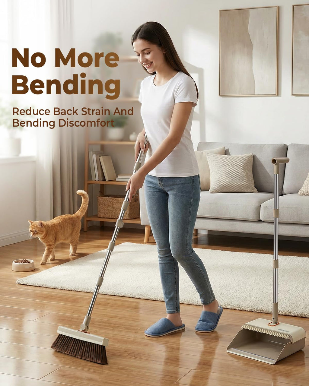 INDCAN Broom and Dustpan Set for Home, 52 Inch Long Handle Upright Broom, Rotatable Broom Head with Magnetic Mount & Self-Cleaning Teeth Comb, Indoor Floor Sweeping Set (Santra Pro) - Sandstone Beige