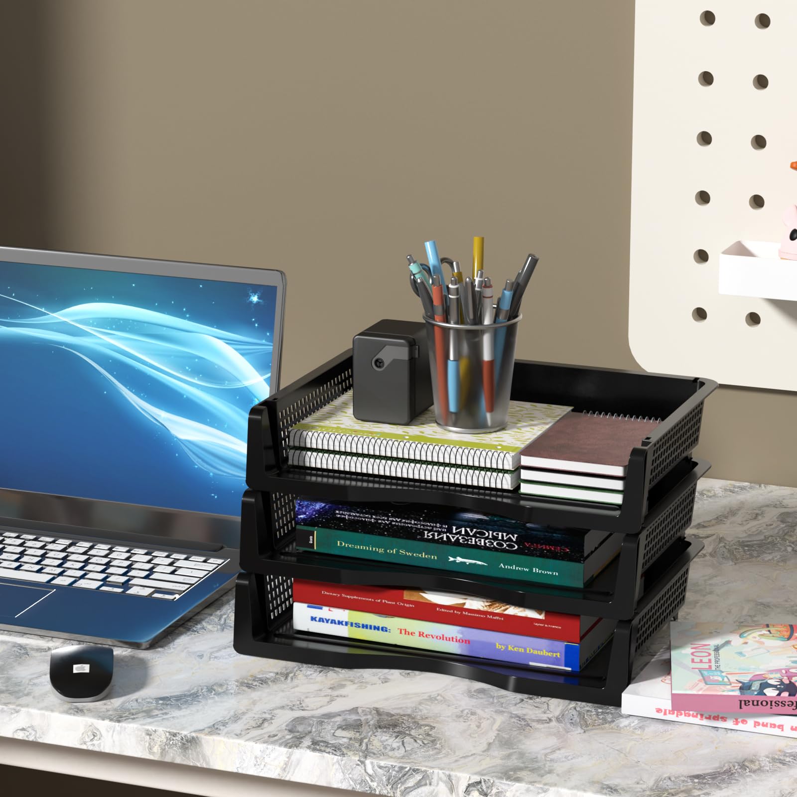 Qqbine 6 Packs Plastic Stackable Paper Tray Organizer, Desktop File Tray, Black