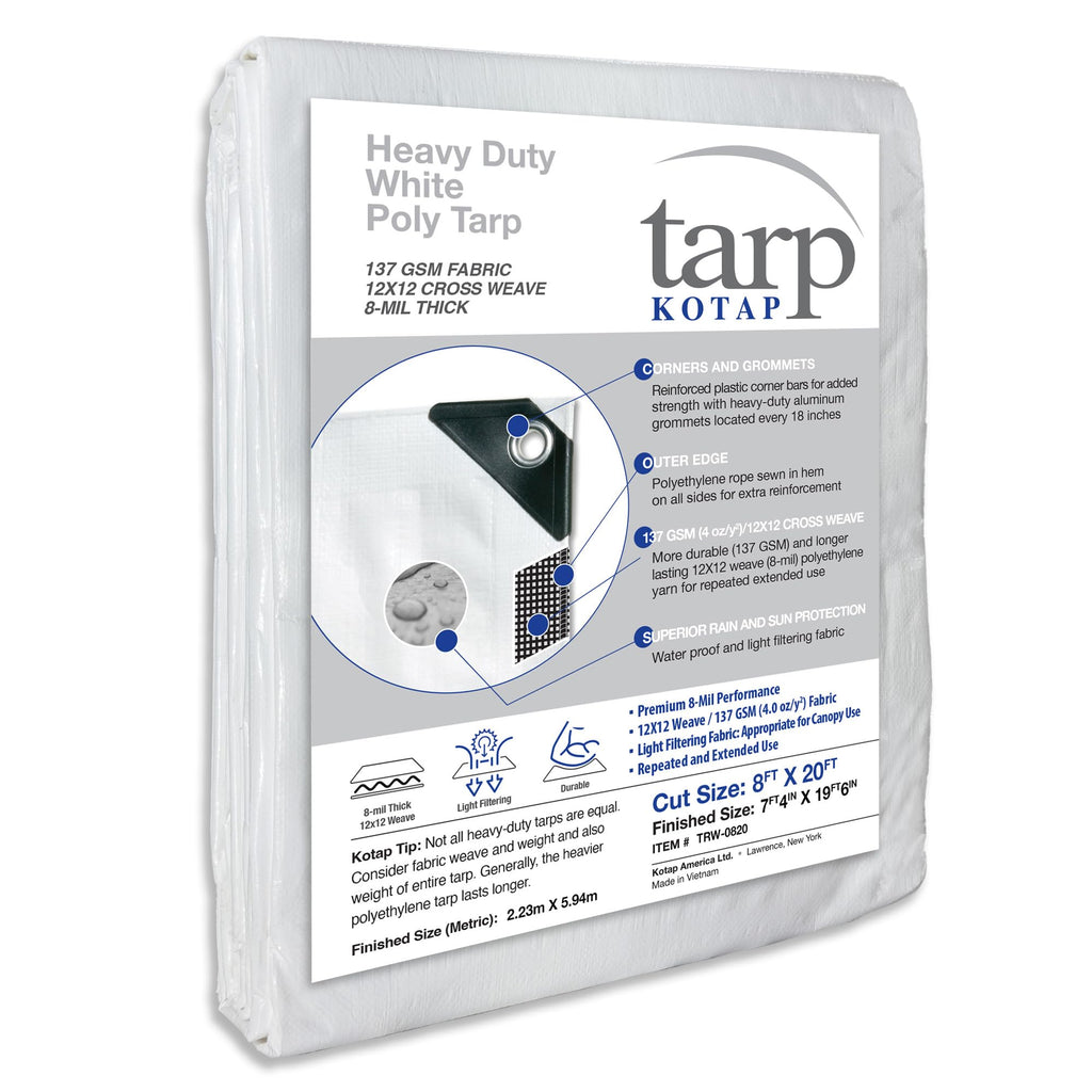 Kotap 8-ft x 20-ft Heavy-Duty 12 by 12 Cross Weave 8-mil White Poly Tarp, Item: TRW-0820