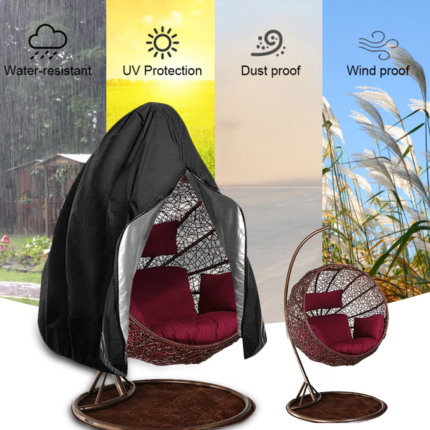 Egg Chair Cover, Patio Hanging Chair Cover Egg with Zipper, Waterproof Swing Chair Cover with Zipper Fits Most Outdoor Single Swing Egg Chair Dust Protector (75“H x 45" W, Black)