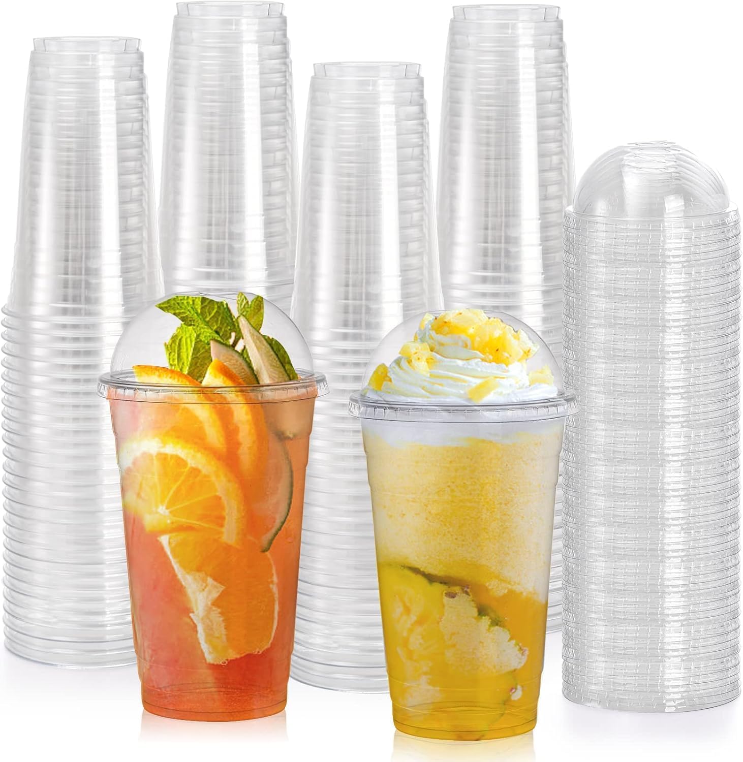 Okllen 100 Pcs 24 Oz Plastic PET Cups with Dome Lids, Disposable Clear Cold Drinking Cups Coffee Cups for Party, Plastic to Go Drinking Cup for Beverages, Smoothie, Milkshakes, Ice Cream, No Straw