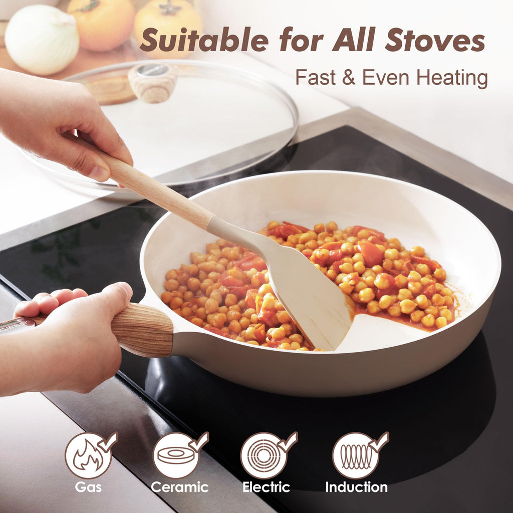 SENSARTE Ceramic Nonstick Frying Pan Skillet with Lid, 8/9.5/11/12.5 Inch Non Stick Pan Wok, Healthy Kitchen Cooking Sauté Pans, Free of Intentionally Added PFOA/PFAS/PTFE, Induction Compatible, Taupe