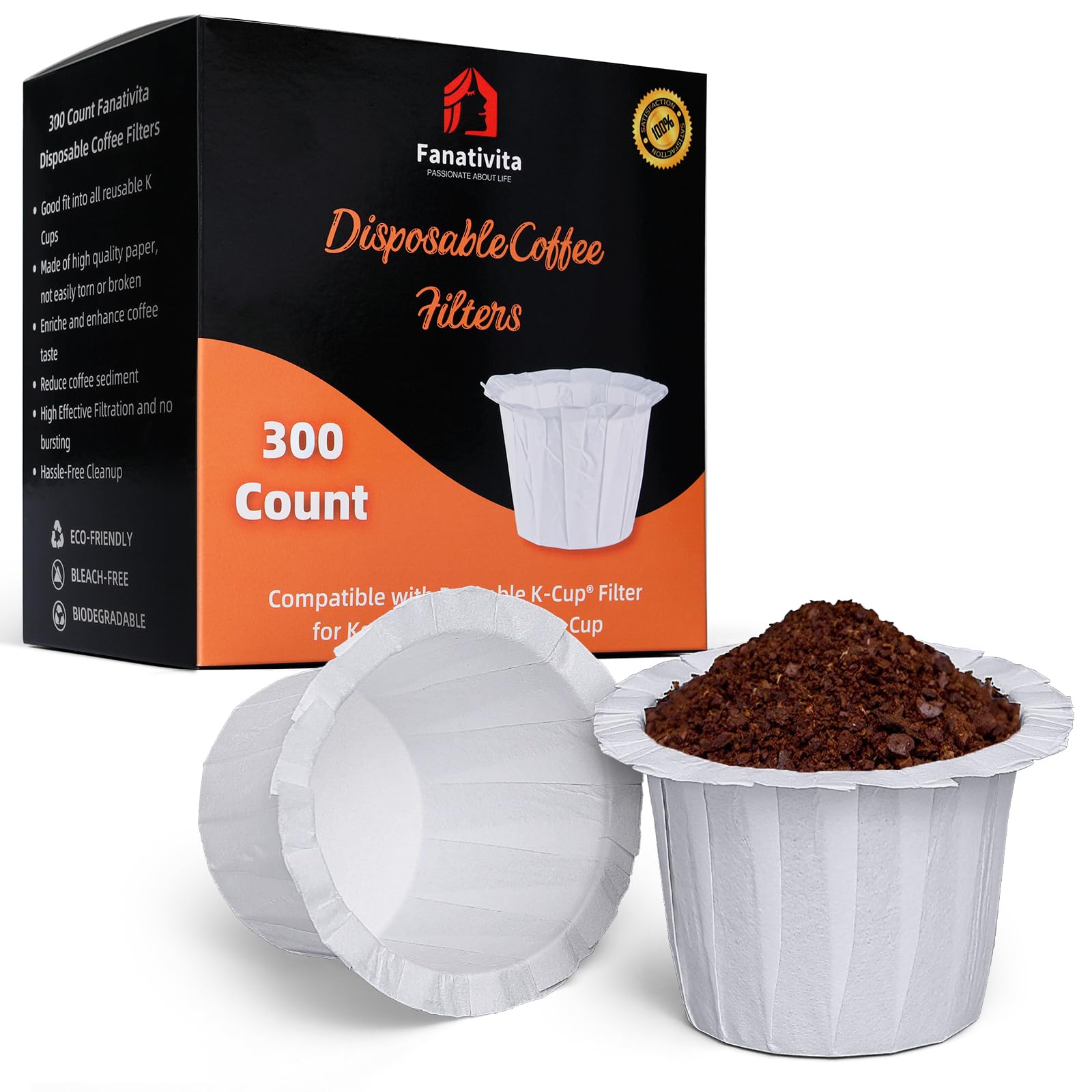 300 Count Fanativita K Cup Coffee Filters Disposable, Compatible with All Reusable K Cups (White)