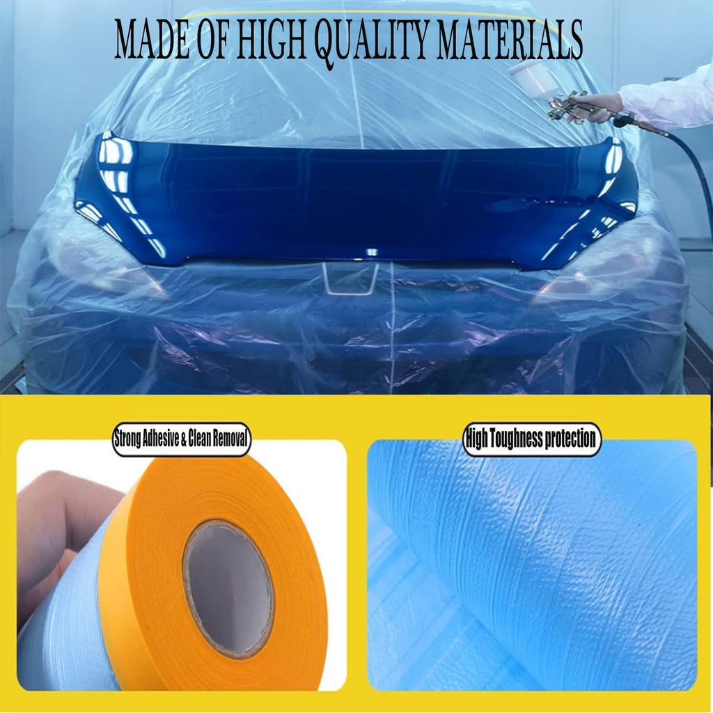 Pre-Taped Masking Film for Painting - 60" x 66' Painters Plastic Sheeting with Automotive Paint Tape and Drape for Covering Cars, Walls, Windows and Furniture Protection (3 Rolls)