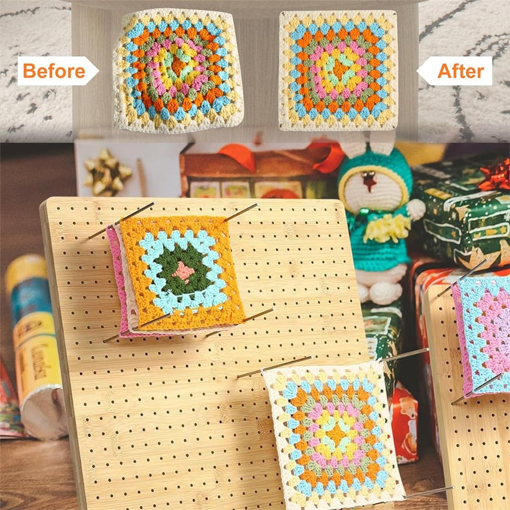 Crochet Blocking Board Handcrafted Knitting Blocking Mats Bamboo Crochet Accessories with 20 Pcs Steel Pins for Granny Squares Knitting Crochet Projects 7.87 Inches