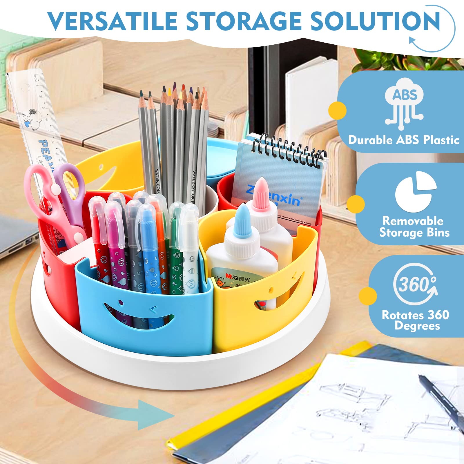 MeCids Rotating Desk Organizer Pencil Holder Art Supply Organizer Storage Caddy for Kids, Lazy Susan Home Office School Classroom Craft Supplies Desktop Organization, 10 Inch