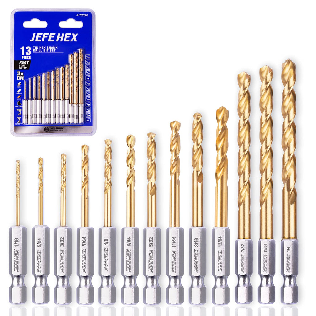 JEFE HEX 13-Piece Drill Bits Set-1/16" 5/64" 3/32" 7/64" 1/8" 9/64" 5/32" 11/64" 3/16" 13/64" 7/32" 15/64" 1/4", Hex Shank Drill Bit Set for Quick Change, Titanium HSS Twist Drill Bits, 135 Degree Easy Cut Split Point, Ideal for Wood, Steel, Copper, Alumi