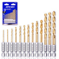 JEFE HEX 13-Piece Drill Bits Set-1/16" 5/64" 3/32" 7/64" 1/8" 9/64" 5/32" 11/64" 3/16" 13/64" 7/32" 15/64" 1/4", Hex Shank Drill Bit Set for Quick Change, Titanium HSS Twist Drill Bits, 135 Degree Easy Cut Split Point, Ideal for Wood, Steel, Copper, Alumi