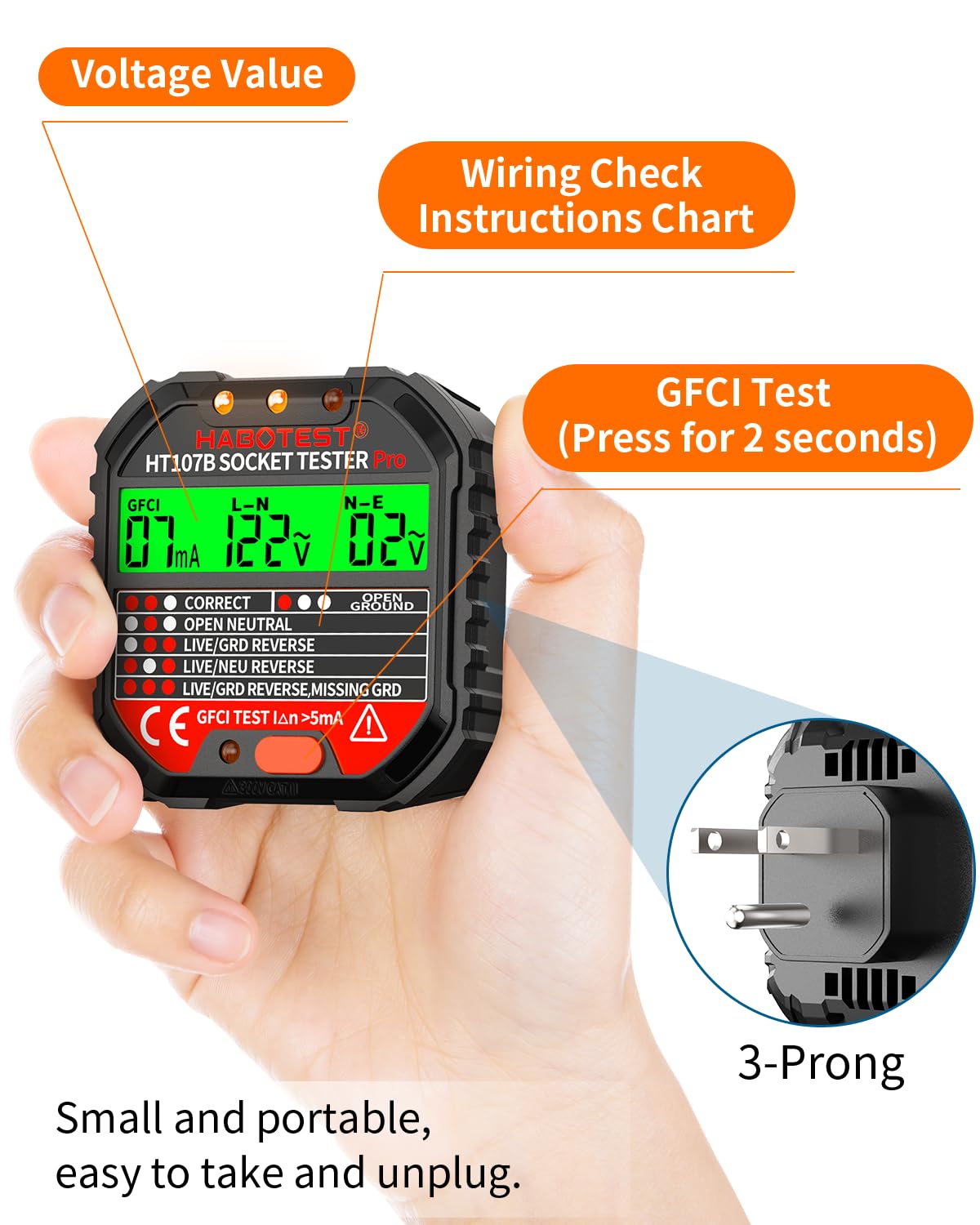 Outlet Tester Electrical GFCI Receptacle Detector with LCD Display, 90-250V Socket Tester, Circuit Polarity Voltage Detector, Plug Tester Breaker Finder with 6 Visual Indication CAT II 300V (CA Plug)