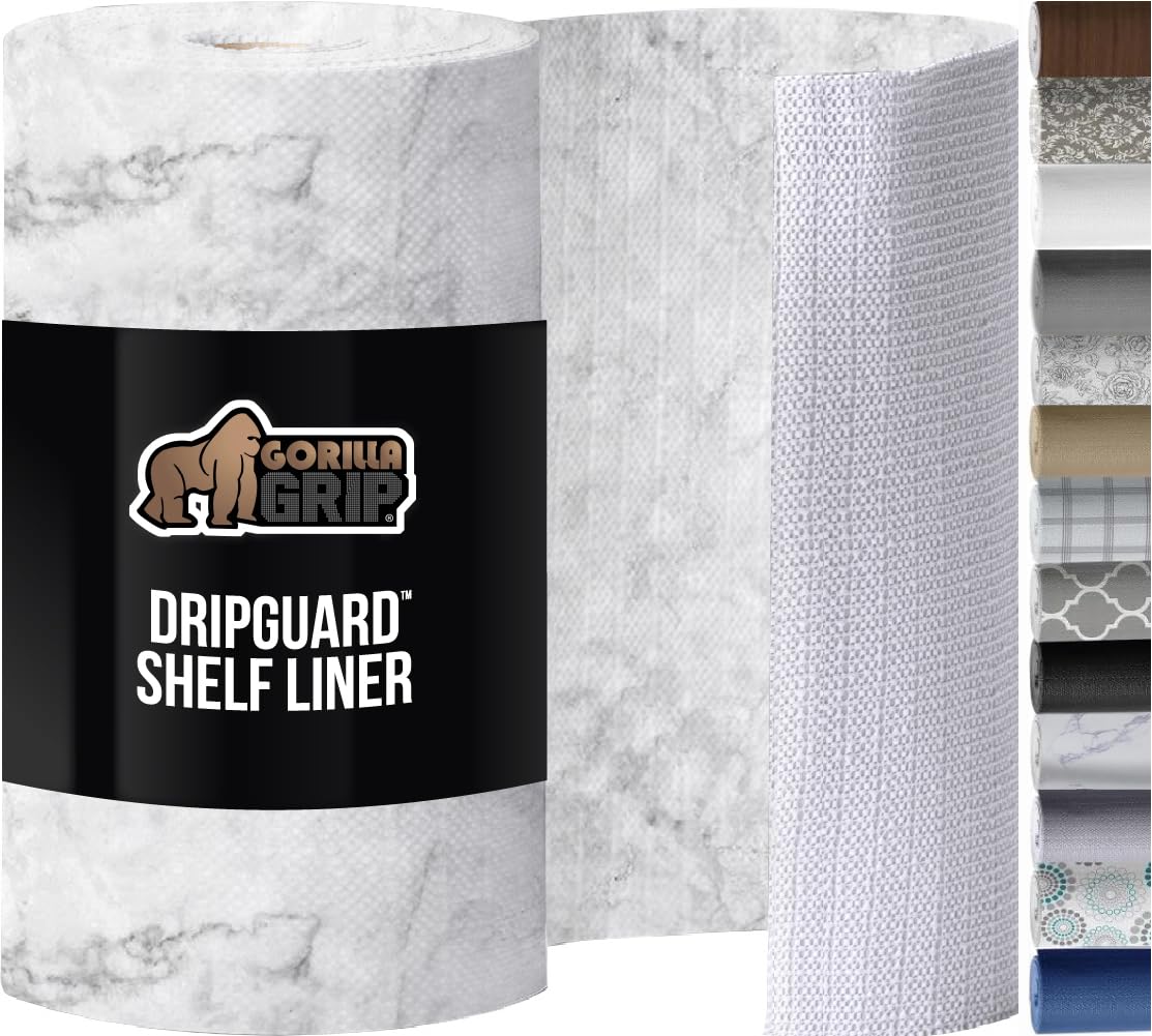 GORILLA GRIP DripGuard Drawer and Shelf Liner for Cabinet, Slip Resistant Non Adhesive Protection for Kitchen, BPA Free Smooth Surface Plastic Liners for Cabinets, Bathroom Drawers, 12x20, Marble