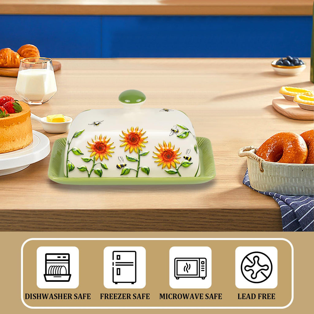 Butter Dish with Lid for Countertop, Sunflower Butter Keeper Holder, 7.5”x4.3” Large Ceramic Butter Tray Storage Sunflower Decor Mother's Day Gifts