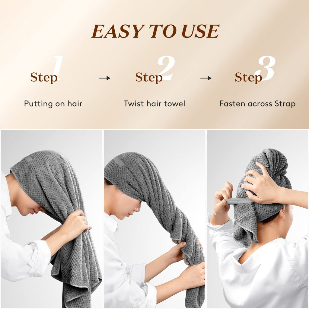 YFONG Large Hair Towel Wrap for Women, Super Absorbent Microfiber Hair Towel for Curly Hair, Fast Drying Hair Turbans with Elastic,Hair Drying Towel Wrap for Hair Care 26.3" X 40" (Dark Gray)