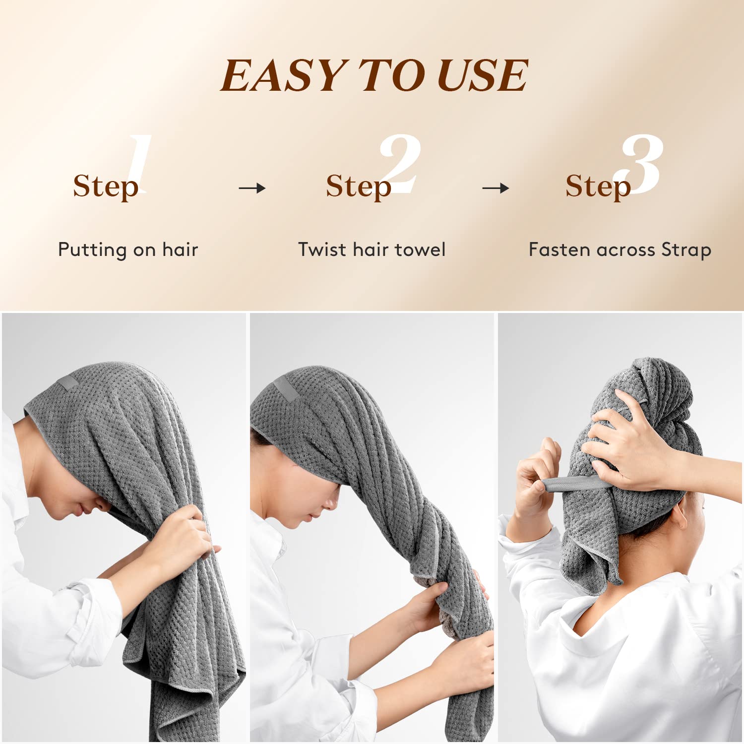 YFONG Large Hair Towel Wrap for Women, Super Absorbent Microfiber Hair Towel for Curly Hair, Fast Drying Hair Turbans with Elastic,Hair Drying Towel Wrap for Hair Care 26.3" X 40" (Dark Gray)
