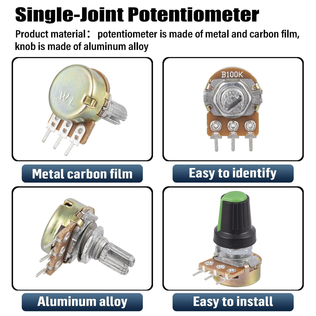 ALLECIN WH148 Potentiometer Kit 1K 2K 5K 10K 20K 50K 100K 250K 500K 1MK Ohm 15mm Shaft Single-Joint Linear Potentiometers 3Pins Set Variable Resistors with Plum Knob Cap and Aluminum Alloy Knobs