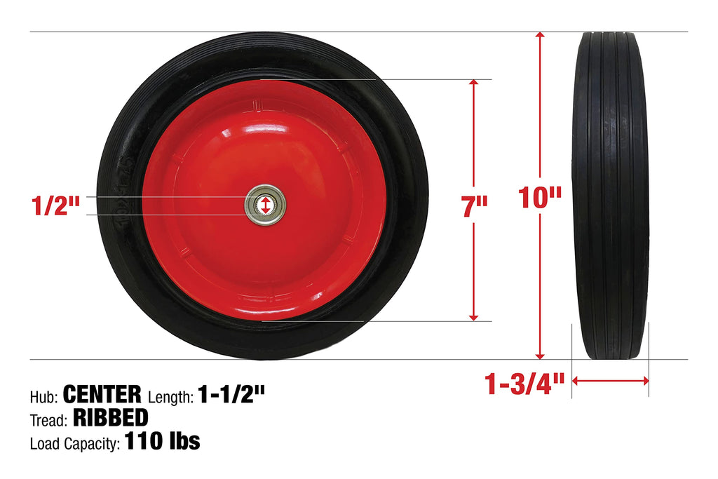 Shepherd Hardware 9596 10-Inch Semi-Pneumatic Rubber Tire, Steel Hub with Ball Bearings, Ribbed Tread, 1/2-Inch Centered Axle Diameter