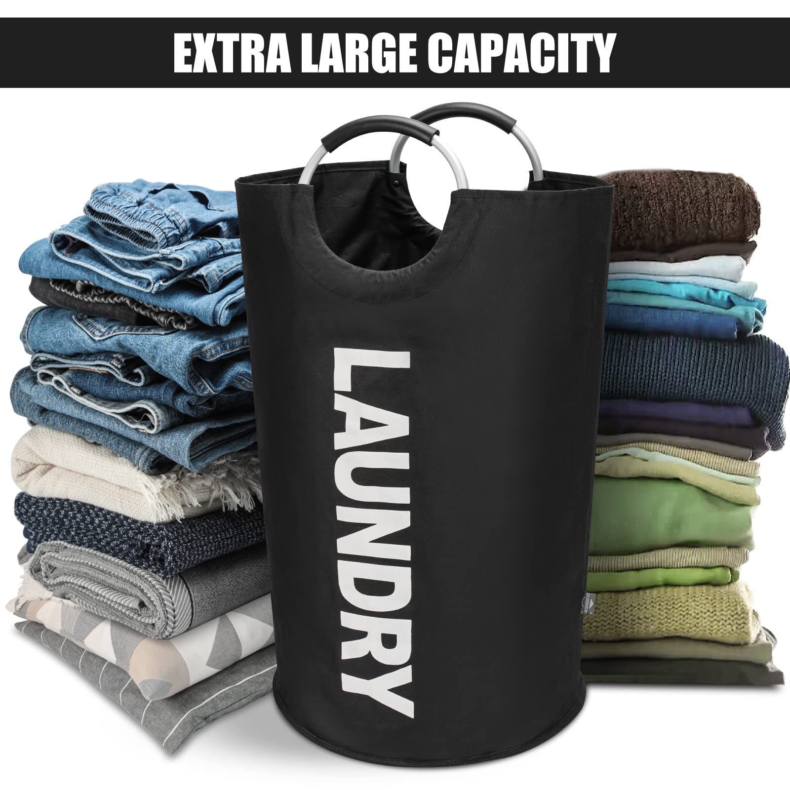 DOKEHOM 125L X-Large Collapsible Washing Laundry Basket Bag (7 Colors) for Bedroom, Fabric (Black, XL)
