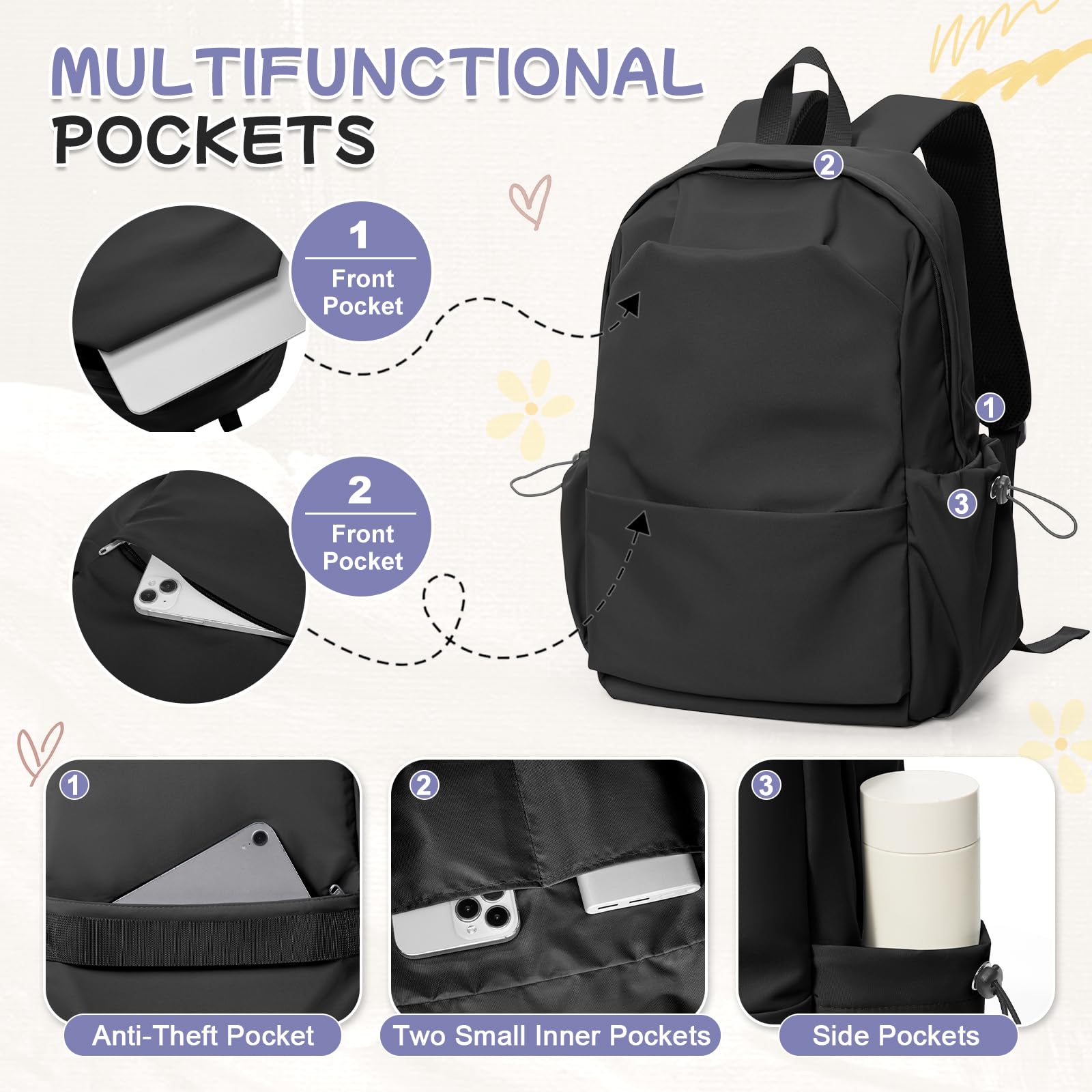 School Backpack for Women Men College High School Bag for Boys Girls Casual Daypack Laptop Backpack Waterproof Black Bookbag