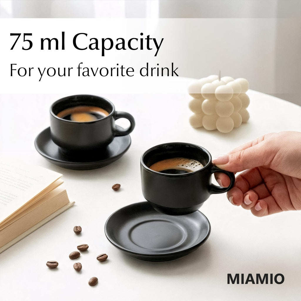 MIAMIO - 75 ml Espresso Cup Set with Saucers Coffee Mug Set of 6 - Ceramic Coffee Mug Stackable Espresso Mug with Stand for Coffee Drinks, Latte, Cafe Mocha - Le Papillon Collection (Black)