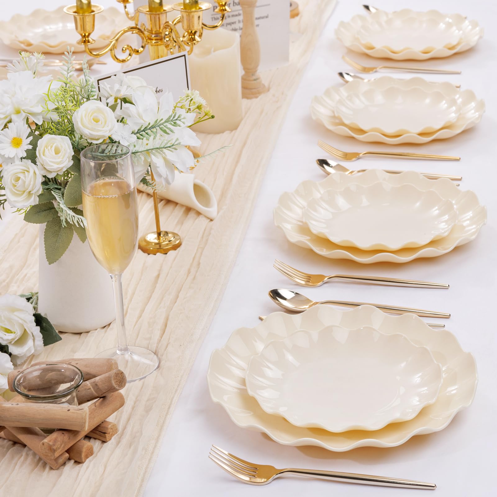 LIYH 24 Pcs Plastic Plates Reusable, Unbreakable Scalloped Plastic Dinner Plates, Dishwasher Safe, Ivory Plate Sets Perfect for Parties, Birthday, Picnics, BPA Free (12Guests)
