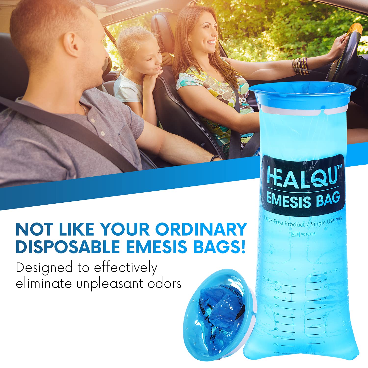 Healqu Hospital Vomit Bags - 24 Pack 1000ml Car Throw Up Bag - for Airsick Travel & Motion Sickness - Leak Resistant Medical Grade Puke Bag - Disposable Barf Bags Throw Up, Nausea